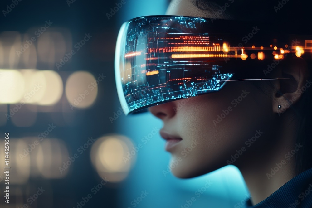 Aufkleber exploring advanced technology through futuristic eyewear in a modern urban setting during evening ho
