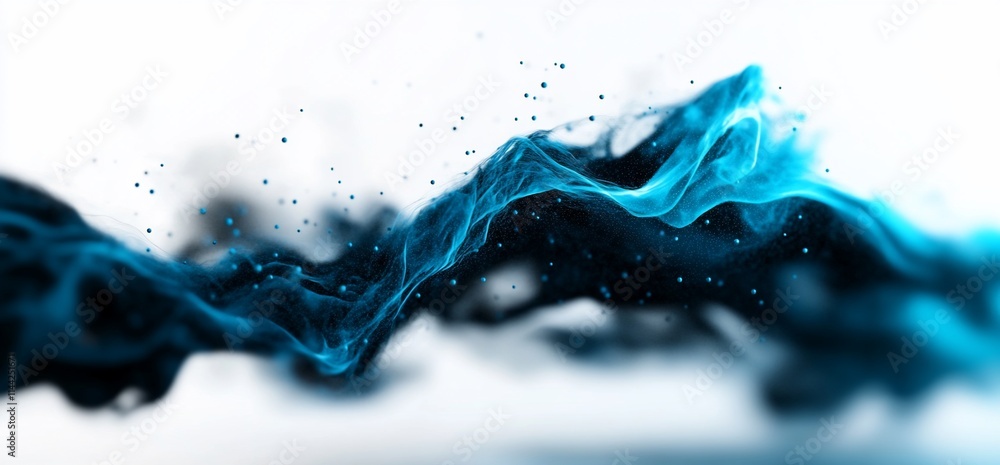 Poster abstract representation of flowing blue and black waves, creating a dynamic visual effect.
