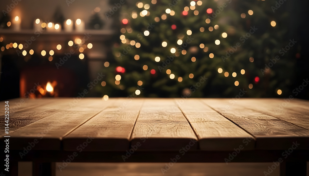 Poster empty wood table with christmas tree in the background copy space