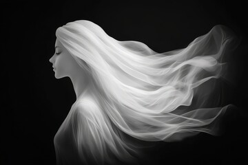 A serene profile of a woman with flowing white hair against a dark background, capturing a sense of elegance and ethereal beauty.