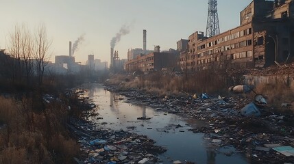 A revealing scene where confronts pollution issues, with subtle hints of hazy air, littered debris, and nature’s resilience fighting back 