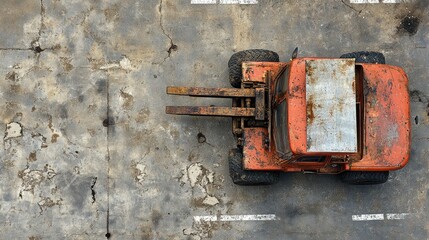 Rusty orange forklift on weathered concrete.