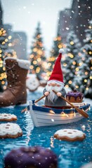 Cute Gnome during Christmas season on a boat sailing on a river with snow falling and a Christmas town