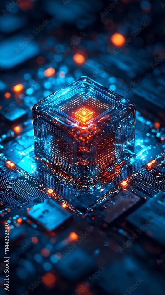 Poster futuristic digital vault with layered barriers and illuminated data cubes