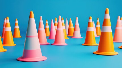 Scattered colorful traffic cones on a minimalistic blue background, focusing on road safety and design