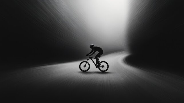A lone cyclist rides through a dark tunnel, illuminated by a soft light, creating a striking contrast between shadows and brightness.