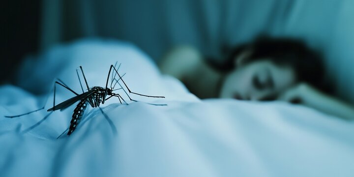 Close-up of a Tiger Mosquito on a Bed with a Blurred Sleeping Person in the Background
