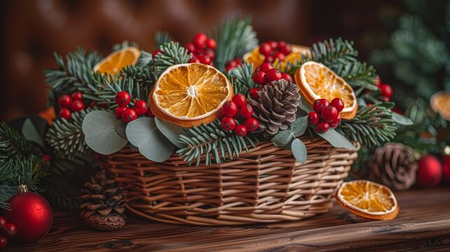 Rustic wicker basket with dried oranges, pine cones, berries, and evergreen branches.
