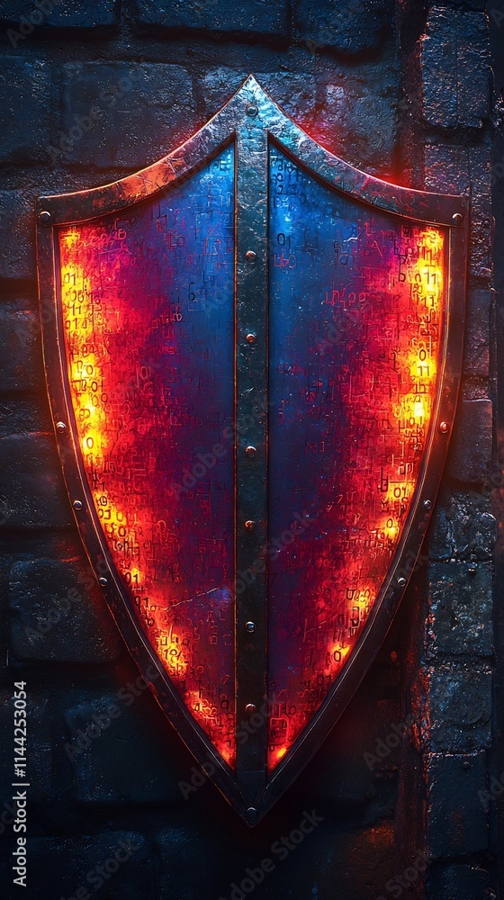 Poster digital shield in vibrant neon colors protecting data and encrypted cybersecurity layers