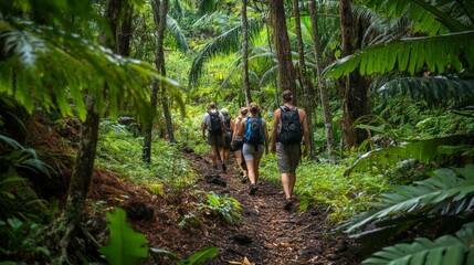 A small group on a guided ecotourism hike through a Hawaiian jungle