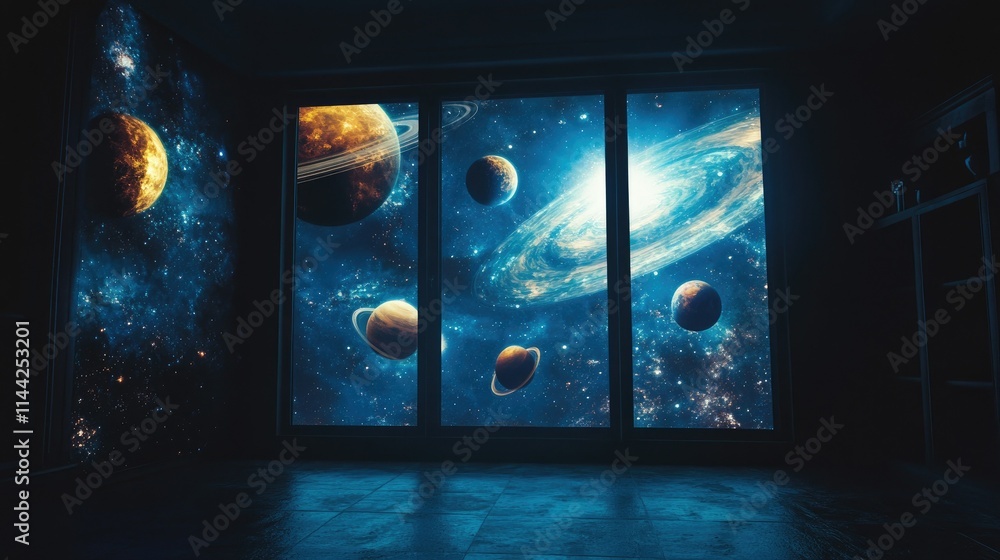 Poster Mystical View of Space with Planets and Galaxy from Window Frame