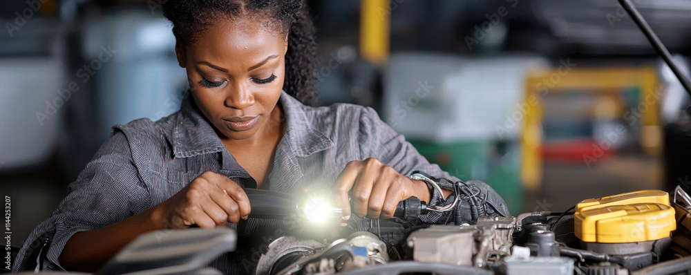 Poster mechanics repair engine testing. a mechanic working on a car engine, focused and using a flashlight 