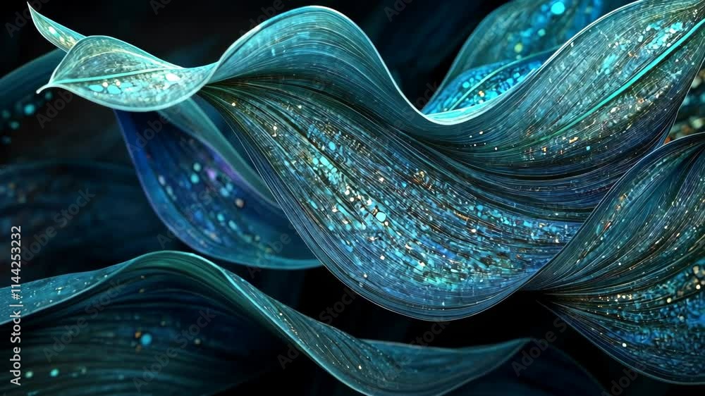 Poster abstract design with flowing blue waves and shimmering particles in a dark background evokes a sense