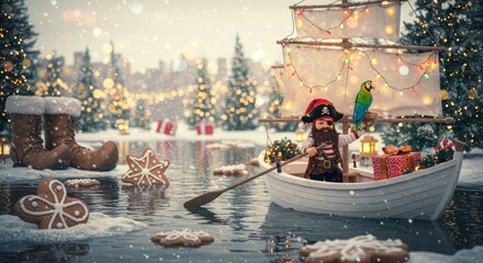 Obraz premium Cute Puppets during Christmas season on a boat sailing on a river with snow falling and a Christmas town during winter season