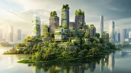 Fototapeta premium A sustainable city integrated into a green environment,