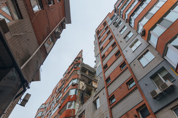 Russian missile hits residential building in Dnipro, Ukraine. Aftermath of enemy attack on city....