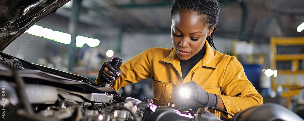Poster mechanics repair engine testing. female mechanic working on a car engine in a workshop setting.