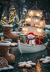 Cute Snowman during Christmas season on a boat sailing on a river with snow falling and a Christmas town