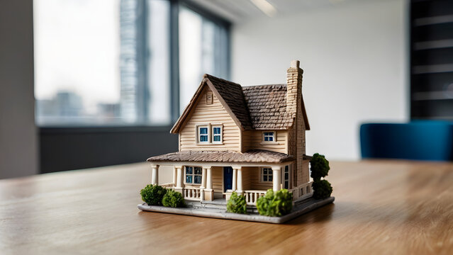 Ceramic figurine of a house on a table in a real estate office