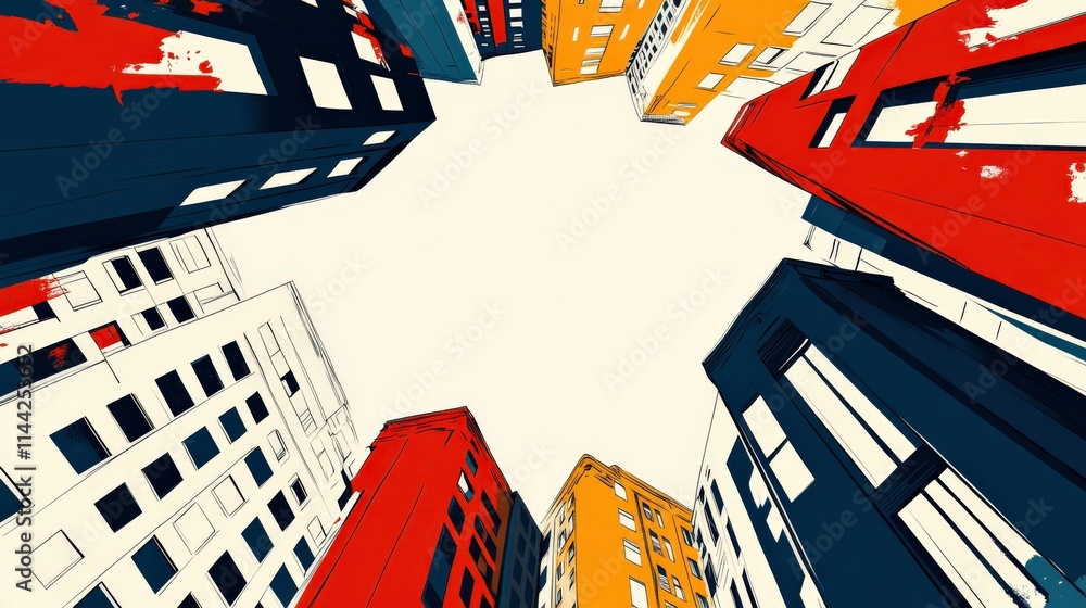Poster abstract perspective view of colorful urban buildings with contrasting shapes and vibrant colors, sh