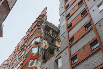 Russian missile hits residential building in Dnipro, Ukraine. Aftermath of enemy attack on city....