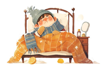Cozy illustration of a bundled up child feeling under the weather, surrounded by a warm blanket, scarf,