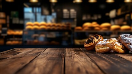 A cozy bakery scene featuring fresh pastries on a wooden table, with blurred bread in the background.
