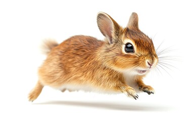 Obraz premium Adorable brown bunny rabbit mid-leap against a white background.