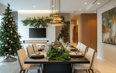 Fototapeta premium A contemporary dining room with a modern chandelier, a green and gold-themed Christmas tree, and sleek table settings for the holidays