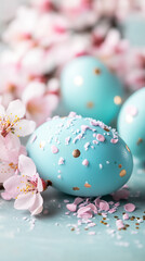 Obraz premium Colorful Easter eggs with gold and pastel details nestle among blooming cherry blossoms, celebrating spring