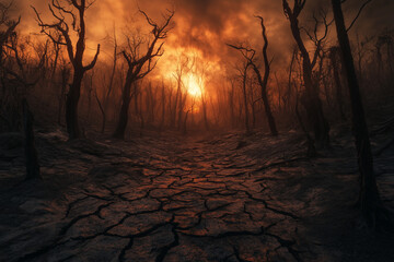 Fototapeta premium A barren forest with charred trees, ground cracked from extreme drought.