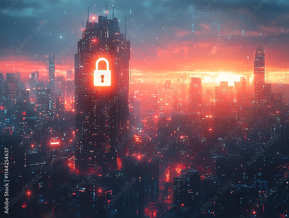 Poster futuristic cityscape with hovering padlock symbolizing cybersecurity for urban infrastructure