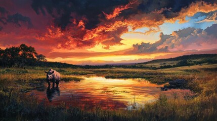 Fototapeta premium A dramatic sunset over a waterhole in KwaZulu-Natal, where a white rhino quenches its thirst. The sky is painted in shades of orange and pink,