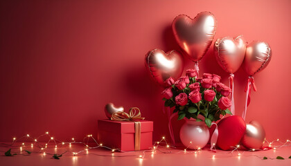Romantic setup with red roses, gifts, and heart decorations for a special celebration