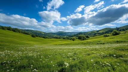 A vivid green meadow under a bright blue sky,