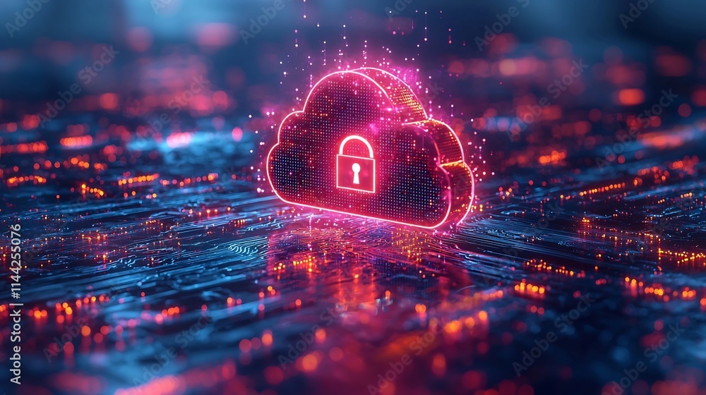 Poster secure virtual cloud with shield and padlock symbols cybersecurity concept in digital abstract style