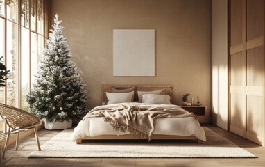 A cozy bedroom with warm beige tones and a small frosted Christmas tree in the corner