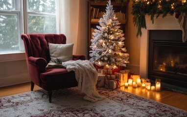 A cozy holiday corner with a velvet reading chair, a small frosted Christmas tree, and warm fairy lights creating ambiance