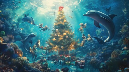 Fototapeta premium A beautiful Christmas tree surrounded by mermaids and dolphins, under the sea with coral reefs.