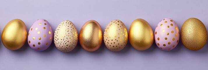 Lavender and Gold Easter Eggs in a Row on a Lavender Background, Festive Holiday Decorations