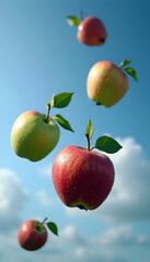 Colorful apples floating in mid-air against a bright blue background create a vibrant visual display