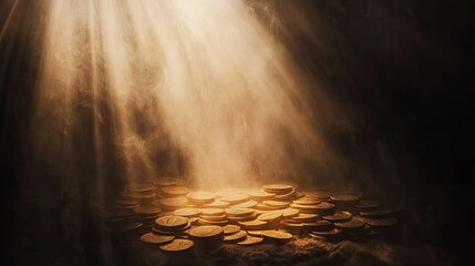 Fototapeta premium Glimmering Treasure of Coins in Dramatic Light and Mystical Shadows