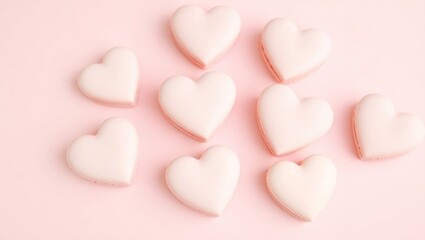 Pink heart-shaped macarons forming a romantic pattern on a pink background