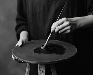 A black-and-white image of a person painting on a round canvas, focusing on a brush dipped in dark paint.