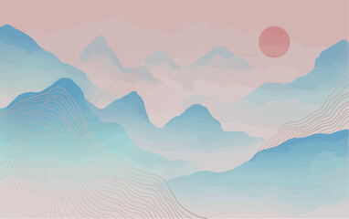 abstract japanese landscape on light background with gradient, semi watercolor