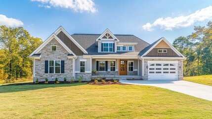 Suburban house with stone facade, gray siding, and a large front yard.
