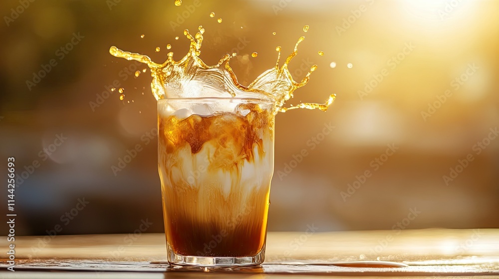 Poster Refreshing Cold Beverage With Ice and Splashing Latte Effect