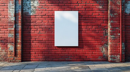 Vertical blank canvas frame mockup on a red brick wall, ideal for an art gallery or vintage decor...