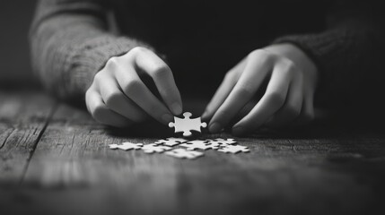 A person carefully assembles a jigsaw puzzle piece on a wooden table, captured in black and white, emphasizing focus and concentration.