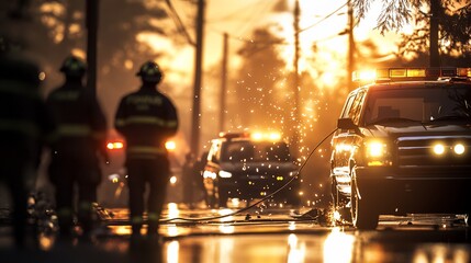Emergency responders at sunset, highlighting a scene of urgency and teamwork.